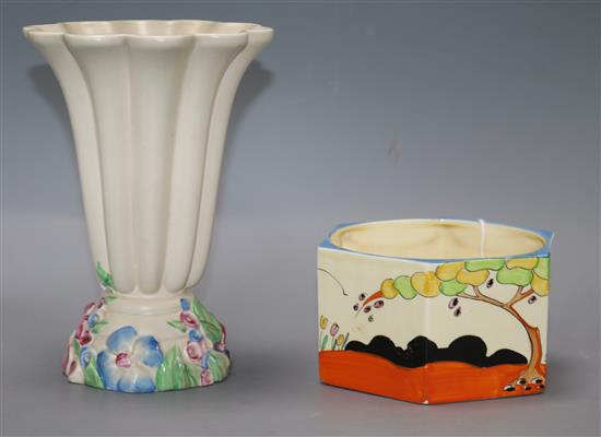 A 1930s Clarice Cliff Tulips pattern Eve bowl and a Burslem trumpet-shaped vase applied with flowers